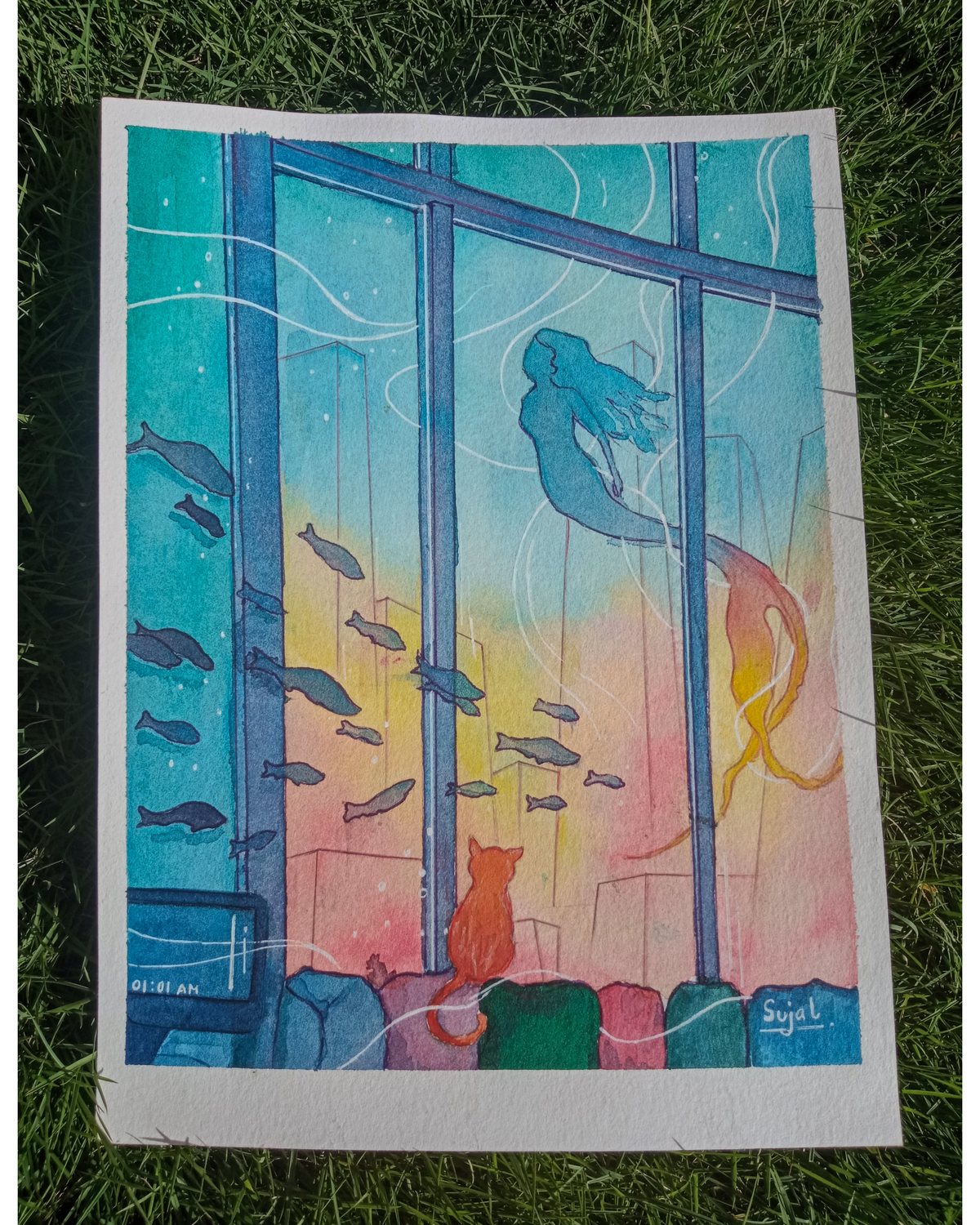 Watercolour of a cat at a window watching fish and a mermaid swim across a sunset city sky