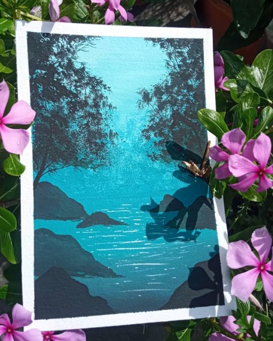 Teal lagoon landscape painting with silhouetted trees and rocks