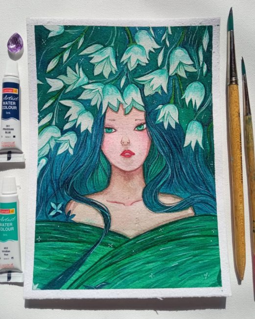 Watercolour portrait of a girl with teal hair surrounded by lily-of-the-valley flowers