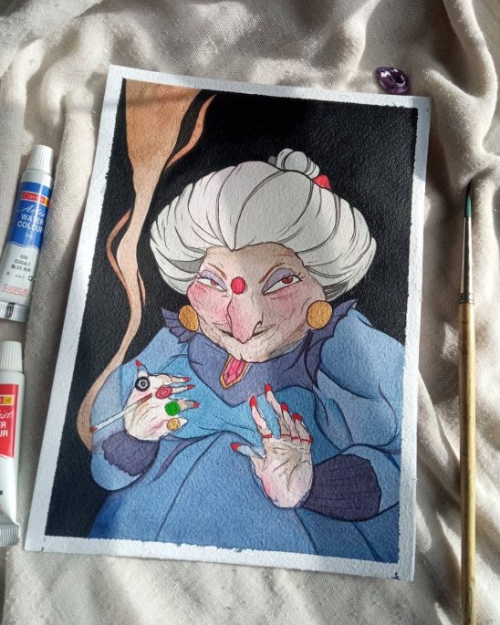 Watercolour portrait of an elderly woman with white hair, rings, and a blue dress