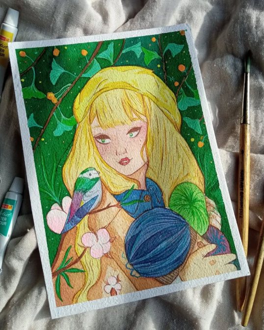 Watercolour portrait of a blonde girl in a yellow beret holding a bird and a blue ball