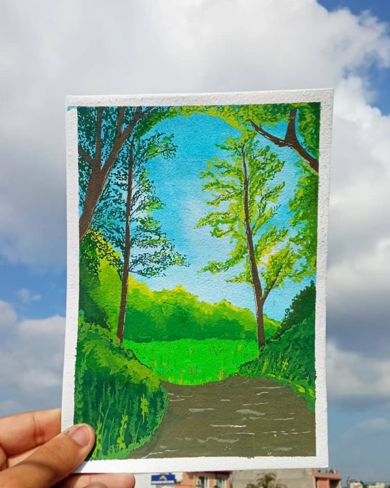 Gouache painting of a sunlit forest path between two tall trees