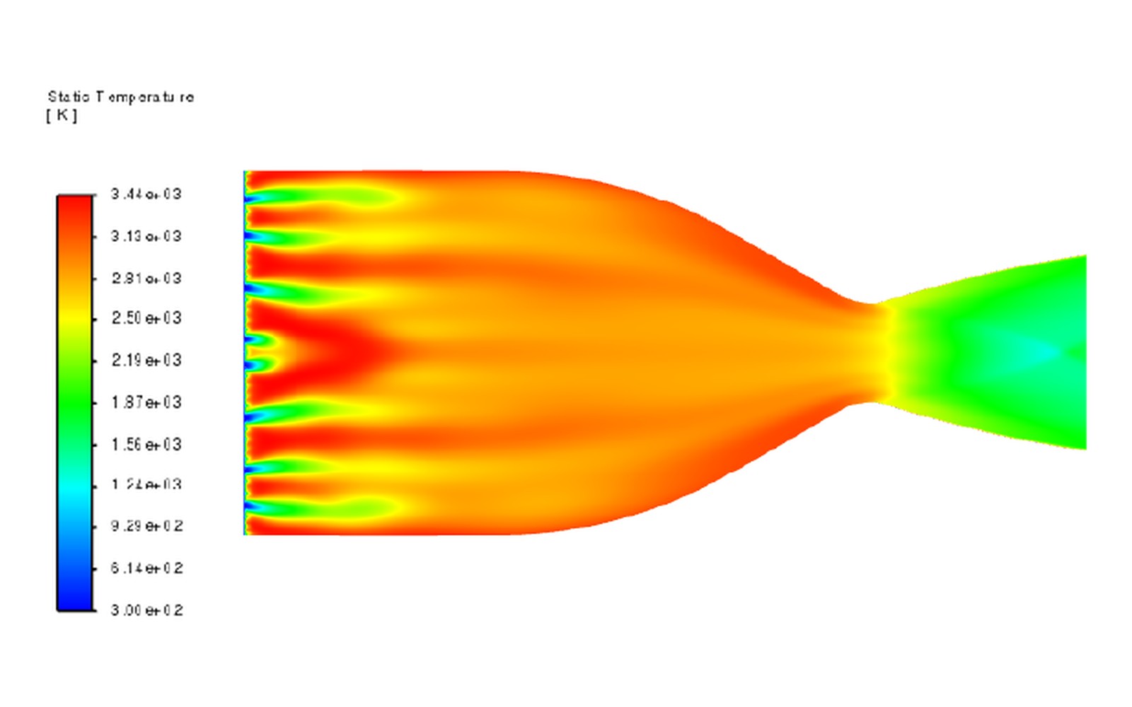 ANSYS Fluent static temperature contour of the CH4–LOX combustion chamber and nozzle, ranging from 300 K to 3,440 K